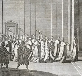 Diferentes etapas del cónclave, reunión de cardenales para la elección de un nuevo papa: la entrada de los cardenales en la Capilla Sixtina (Vaticano: entrada de los cardenales) Grabado de 