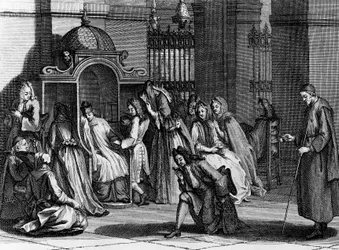 Fieles esperando frente al confesionario, grabado de Bernard Picart (1673-1733) de Ceremonias y costumbres religiosas de todos los pueblos del mundo