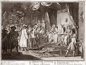 Boda judía en la comunidad judía portuguesa Grabado de la “Ilustración de ceremonias y costumbres religiosas de todos los pueblos del mundo” por Bernard Picart (1723-1743) 1819 Colección privada