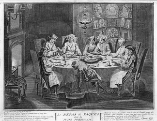 Judaísmo: Fiesta de Pascua (o Pesaj) en la comunidad judía portuguesa. Grabado de “Ilustración de ceremonias y costumbres religiosas de todos los pueblos del mundo” de Bernard Picart (1723-1743) 1819. Colección privada