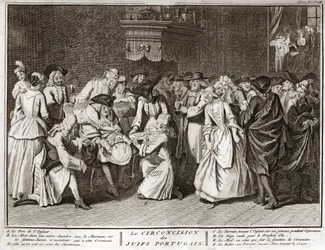 Judaísmo: ceremonia de circuncisión en la comunidad judía portuguesa Grabado de la “Ilustración de ceremonias y costumbres religiosas de todos los pueblos del mundo” por Bernard Picart (1723-1743) 1819 Colección privada