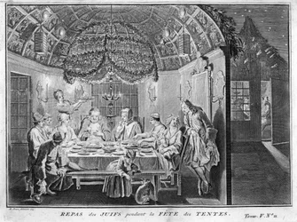 Judaísmo: comida para el pueblo judío durante Sucot (fiesta de los tabernáculos o cabañas) Grabado de la “Ilustración de ceremonias y costumbres religiosas de todos los pueblos del mundo” por Bernard Picart (1723-1743) 1819 Colección privada