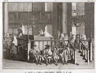 Judaísmo: el sonido del cuerno en el primer día del año (Rosh Hashaná), grabado de 