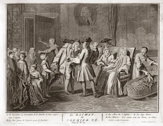 Judaísmo: la tradición de la redención del primogénito, una mitzvá en el judaísmo donde un hijo primogénito judío es redimido mediante el uso de monedas de plata desde su estado de santidad al nacer. Grabado de “Ilustración de ceremonias y costumbres relig