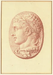 Uno de los cuatro estudios sobre camafeos, tres con retratos de perfil clásicos y uno con un relieve fragmentario de Cupido y dos leones dibujando un carro (tiza roja sobre papel).