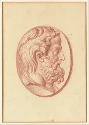 Uno de los cuatro estudios sobre camafeos, tres con retratos de perfil clásicos y uno con un relieve fragmentario de Cupido y dos leones dibujando un carro (tiza roja sobre papel).