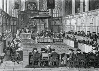 Sínodo protestante celebrado en 1730 en Nieuwe Kerk (Iglesia Nueva) en Ámsterdam, Países Bajos, grabado por Bernard Picart (1673-1733)