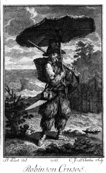 Representación de Robinson Crusoe en su isla desierta. Grabado de Bernard Picart (1673-1733) que ilustra la novela de Daniel Defoe o De Foe (1660-1731)