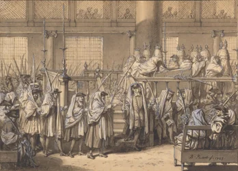 Procesión con ramas de palma durante la Fiesta de los Tabernáculos en la sinagoga portuguesa de Ámsterdam