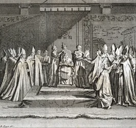 Inauguración solemne del pontificado: «Representación de la coronación del papa» (inauguración papal: la coronación del papa). Grabado de «Ilustración de las ceremonias y costumbres religiosas de todos los pueblos del mundo» de Bernard Picart (1723-1743).
