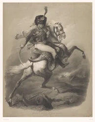 Oficial de asalto a caballo Le chasseur de la garde (título sobre objeto) Nuevas litografías con dos tipos de tiza (título de la serie) Nouveaux groups aux deux crayons (título de serie en el objeto)