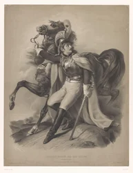 Cussier junto a su caballo Le cuirassier (título sobre objeto) Nuevas litografías con dos tipos de tiza (título de la serie) Nouveaux groups aux deux crayons (título de serie en el objeto)