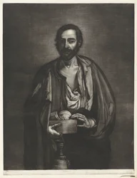 Mendigo filósofo con copa de madera y botella de vino Filósofos a partir de ejemplos españoles (título de la serie)