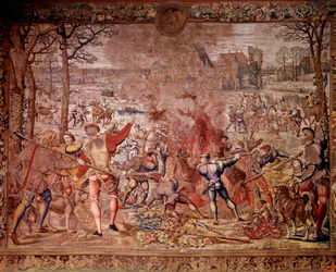 Las cacerías de Maximiliano: el mes de enero, Acuario, caza de jabalí, flambee, curee - Tapiz hecho en los talleres flamencos por Bernard van Orley