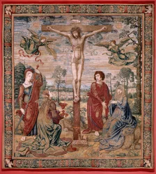 Tapiz flamenco. Serie Dais de Carlos V (Baldaquino de Margarita de Austria). Cristo de la Misericordia. Panel de tapicería detrás del estrado. Modelo Bernard van Orley (1491-1542). Fabricación Pieter de Pannemaker, Bruselas. 1518-1524. Tejido G
