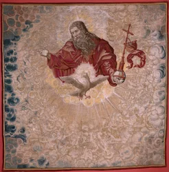 Tapiz flamenco. Serie Tarima de Carlos V (Baldaquino de Margarita de Austria). Dios Padre y Espíritu Santo (El Padre Eterno y el Espíritu Santo). Tapiz baldaquín del estrado. Modelo Bernard van Orley (1491-1542). Manufactura Pieter de Pannemaker,