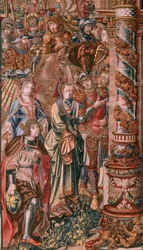 Tapiz flamenco. Serie Los Honores. Fe (La Fe). Primer tapiz de la serie. Dibujantes modelo del círculo de Bernard van Orley y Jan Gossaert (Mabuse). Fabricación Pieter van Aelst, Bruselas. Ca 1550. Tejido Oro, plata, seda y lana.