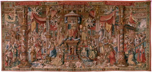 Tapiz flamenco. Serie Los Honores. Fe (La Fe). Primer tapiz de la serie. Dibujantes modelo del círculo de Bernard van Orley y Jan Gossaert (Mabuse). Fabricación Pieter van Aelst, Bruselas. Ca 1550. Tejido Oro, plata, seda y lana.