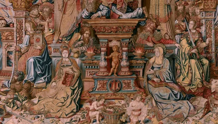 Tapiz flamenco. Serie Los Honores. Fe (La Fe). Primer tapiz de la serie. Dibujantes modelo del círculo de Bernard van Orley y Jan Gossaert (Mabuse). Fabricación Pieter van Aelst, Bruselas. Ca 1550. Tejido Oro, plata, seda y lana.