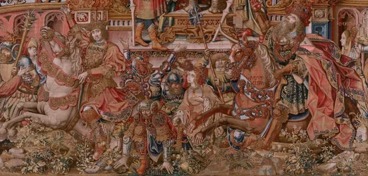 Tapiz flamenco. Serie Los Honores. Fama (La Fama). Tercer tapiz de la serie. Dibujantes modelo del círculo de Bernard van Orley y Jan Gossaert (Mabuse). Fabricación Pieter van Aelst, Bruselas. Ca 1550. Tejido Oro, plata, seda y lana.