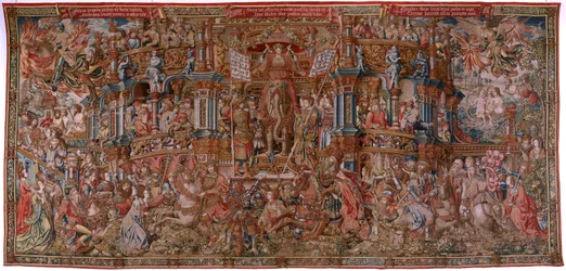 Tapiz flamenco. Serie Los Honores. Fama (La Fama). Tercer tapiz de la serie. Dibujantes modelo del círculo de Bernard van Orley y Jan Gossaert (Mabuse). Fabricación Pieter van Aelst, Bruselas. Ca 1550. Tejido Oro, plata, seda y lana.