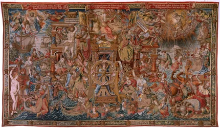 Tapiz flamenco. Serie Los Honores. Fortuna, El camino hacia los Honores. Quinto tapiz de la serie. Cartón de artistas del círculo de Bernard van Orley y Jan Gossaert de Mabuse. Manufactura Pieter van Aelst, Bruselas