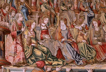Tapiz flamenco. Serie Los Honores. Honor (El Honor). Segundo tapiz de la serie. Dibujantes modelo del círculo de Bernard van Orley y Jan Gossaert (Mabuse). Fabricación Pieter van Aelst, Bruselas. Ca 1550. Tejido Oro, plata, seda y lana.