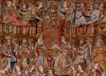 Tapiz flamenco. Serie Los Honores. Honor (El Honor). Segundo tapiz de la serie. Dibujantes modelo del círculo de Bernard van Orley y Jan Gossaert (Mabuse). Fabricación Pieter van Aelst, Bruselas. Ca 1550. Tejido Oro, plata, seda y lana.