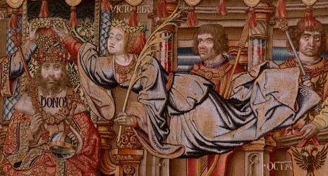 Tapiz flamenco. Serie Los Honores. Honor (El Honor). Segundo tapiz de la serie. Dibujantes modelo del círculo de Bernard van Orley y Jan Gossaert (Mabuse). Fabricación Pieter van Aelst, Bruselas. Ca 1550. Tejido Oro, plata, seda y lana.