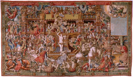Tapiz flamenco. Serie Los Honores. Infamia (La Infamia). Sexto tapiz de la serie. Dibujantes modelo del círculo de Bernard van Orley y Jan Gossaert (Mabuse). Fabricación Pieter van Aelst, Bruselas. Ca 1550. Tejido Oro, plata, seda y lana.