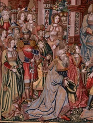 Tapiz flamenco. Serie Los Honores. Justicia (La Justicia, Los Honores). Noveno tapiz de la serie. Dibujantes modelo del círculo de Bernard van Orley y Jan Gossaert (Mabuse). Fabricación Pieter van Aelst, Bruselas. Ca 1550. Tela Oro, plata,
