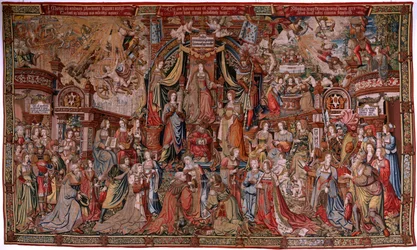 Tapiz flamenco. Serie Los Honores. Justicia (La Justicia, Los Honores). Noveno tapiz de la serie. Dibujantes modelo del círculo de Bernard van Orley y Jan Gossaert (Mabuse). Fabricación Pieter van Aelst, Bruselas. Ca 1550. Tela Oro, plata,