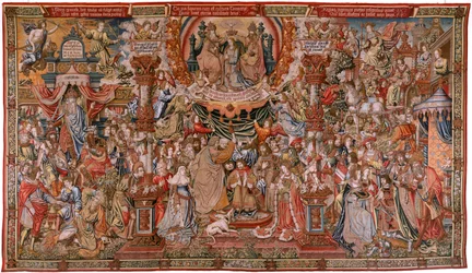 Tapiz flamenco. Serie Los honores; Nobleza (La Nobleza). Cuarto tapiz de la serie. Cartón de artistas del círculo de Bernard van Orley y Jan Gossaert (Mabuse). Manufactura Pieter van Aelst, Bruselas. Hacia 1550. Materiales: oro, plata, seda y lana