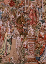 Tapiz flamenco. Serie Los Honores; Prudencia (La Prudencia). Séptimo tapiz de la serie. Dibujantes modelo del círculo de Bernard van Orley y Jan Gossaert (Mabuse). Fabricación Pieter van Aelst, Bruselas. Ca 1550. Tela de oro, plata, seda y w