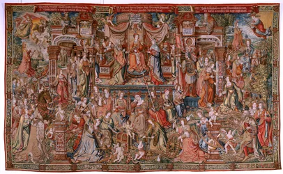 Tapiz flamenco. Serie Los Honores; Prudencia (La Prudencia). Séptimo tapiz de la serie. Dibujantes modelo del círculo de Bernard van Orley y Jan Gossaert (Mabuse). Fabricación Pieter van Aelst, Bruselas. Ca 1550. Tela de oro, plata, seda y w