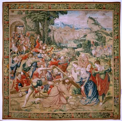 Tapiz flamenco. Serie La Pasión de Cristo. Caída en el camino del Calvario (Caída en el camino del Calvario). Segundo tapiz de la serie. Modelos Dibujante Bernard van Orley. Fabricación Pieter de Pannemaker, Bruselas. Ca 1518-1523. Tela Oro, plata,