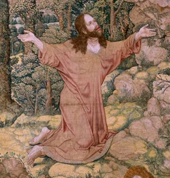 Tapiz flamenco. Serie La pasión de Cristo. Cristo en el Monte de los Olivos. Fabricación Pieter de Pannemaeker, Bruselas. El dibujante Barend van Orley. hacia 1518-1522.