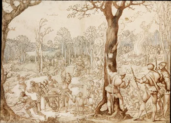 Sharing Out the Game (escena de banquete en el bosque, durante un día de caza) - Obra de Bernaert van Orley (1488-1541) (Barend, Barent, Bernard van Brussel), tinta sobre papel (37,6x57,7)