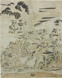 Escena pastoral: Hombres cazando aves, parejas sentadas en el suelo