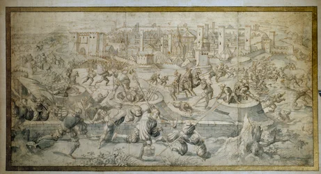 Sexta Guerra Italiana (1521-1526): La Batalla de Pavía el 25 de febrero de 1525, salida de la guarnición de Pavía y de los suizos. Dibujo de Bernard Van Orley (1488-1541) 1525 París
