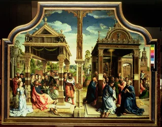 Retablo de San Tomás y San Mateo, panel central del tríptico que representa escenas de las vidas de los dos santos, incluyendo el martirio de San Tomás, c.1515