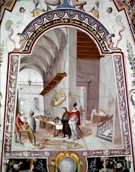 Vista del taller de un arquitecto. Fresco de Bernardino Barbatelli dit il Poccetti (1548-1612) siglo XVII Galleria degli Uffizi (Oficinas) Florencia