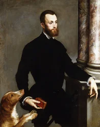 Retrato de un caballero de pie en tres cuartos, con traje negro y sosteniendo un libro