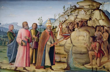 San Clemente golpeando la roca bajo el Cordero Santo (óleo sobre lino sobre tabla)