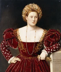 Retrato de una dama, tres cuartos de longitud, con un vestido burdeos con mangas abiertas, sosteniendo guantes