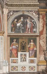 Alessandro Bentivoglio con santos y abajo Santa Rosa y Santa Justina (fresco) (detalle)