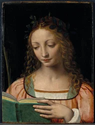 Figura de busto de santo, con una palma y leyendo las escrituras