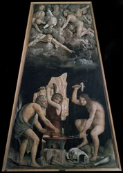 Armas divinas forjadas en la fragua de Vulcano frente a algunos ángeles acostados en las nubes, detalle (fresco).