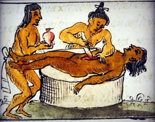 Sacrificio humano: sacrificio ritual entre los aztecas. De un manuscrito de Bernardino de Sahagún