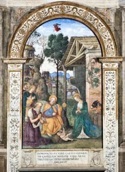 Adoración de los pastores, fresco de Pinturicchio (Bernardino di Betto) (1454-1513), 1484-1492, Basílica de Santa Maria del Popolo (Iglesia de Santa Maria del Popolo), Capilla Basso della Rovere, Roma, Italia